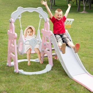 Nyeekoy 3-in-1 Kids Slide and Swing Set Toddler Climber Playset Indoor Outdoor Playground Pink and Grey TH17G0755-T01