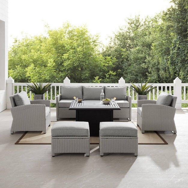 Bradenton 6pc Outdoor Wicker Sofa And Arm Chair Seating Set With Dante Fire Table And 2 Ottomans Gray gray Crosley