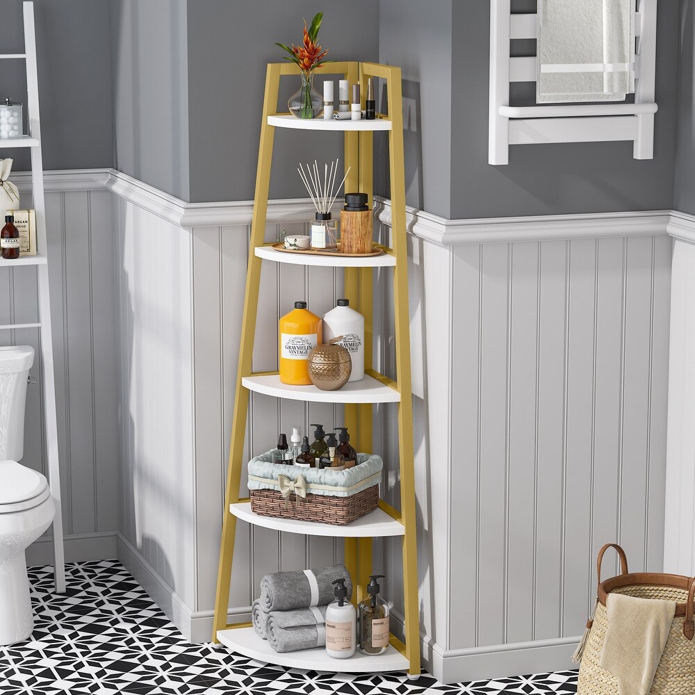 Brown/ Black Corner Ladder Shelf 5 Tier Corner Bookshelf Bookcase  White/ Gold 70 Inch Tall Display Rack for Small Space