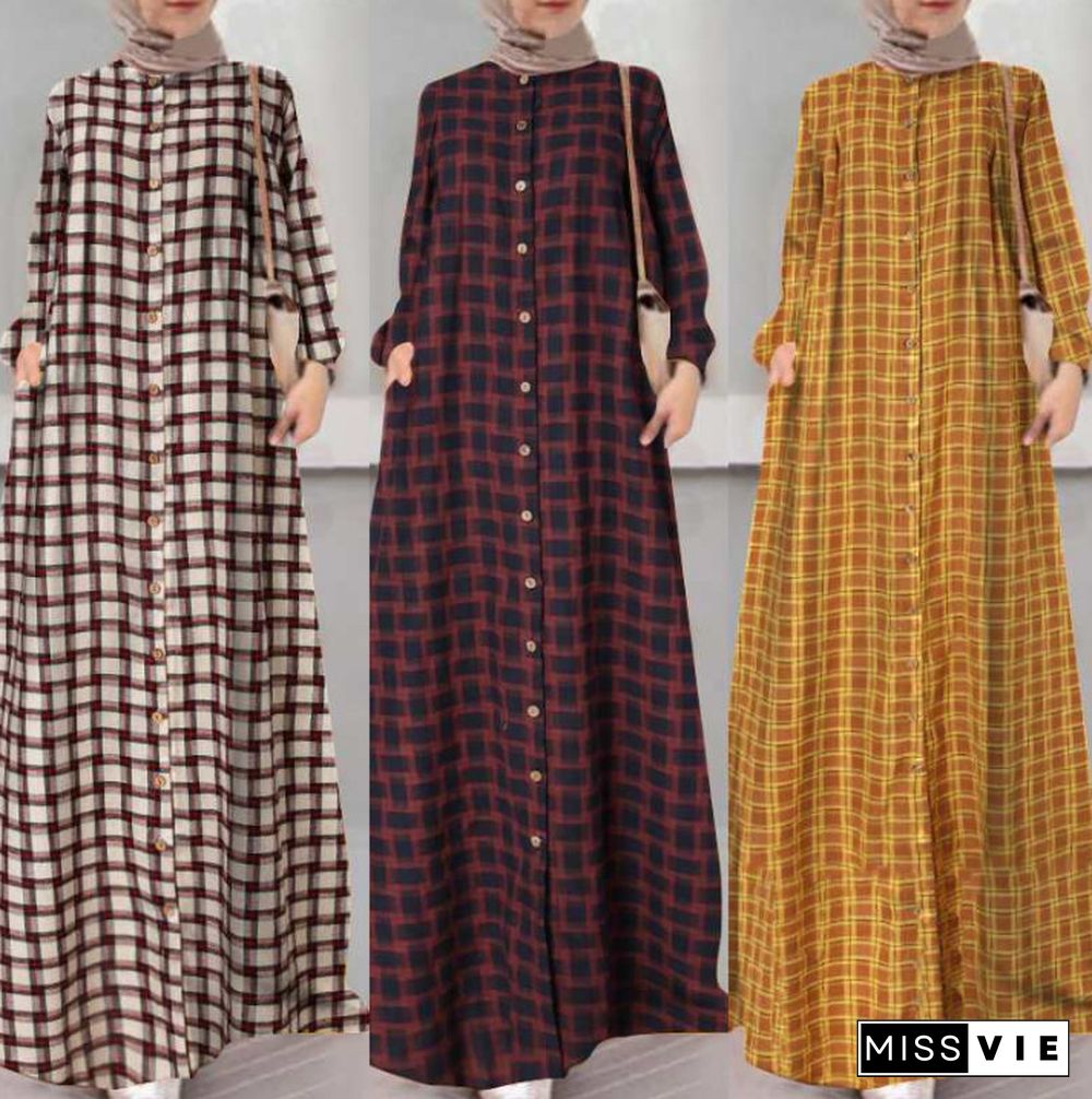 Ethnic Long Sleeve Loose Cardigan Temperament Plaid Cotton and Hemp Long Dress Linen Dresses