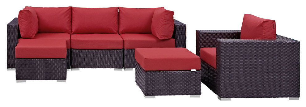 Convene 6 Piece Outdoor Patio Sectional Set  Espresso Red   Tropical   Outdoor Dining Sets   by Morning Design Group  Inc  Houzz