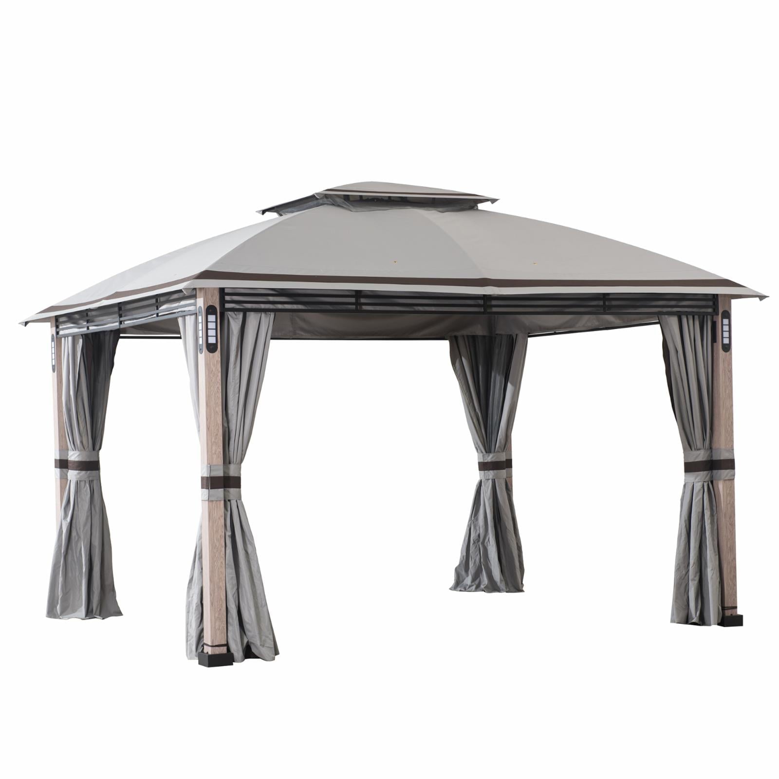 SummerCove Outdoor Patio 11x13 ft. Gray 2-Tier Backyard Soft Top Gazebo with LED Light, Bluetooth Speaker