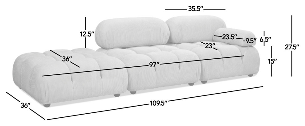 Marcel 109.5 quotBubble Modular Modern Square Tufted Single Arm Chaise Sofa   Transitional   Sofas   by Jennifer Taylor Home  Houzz