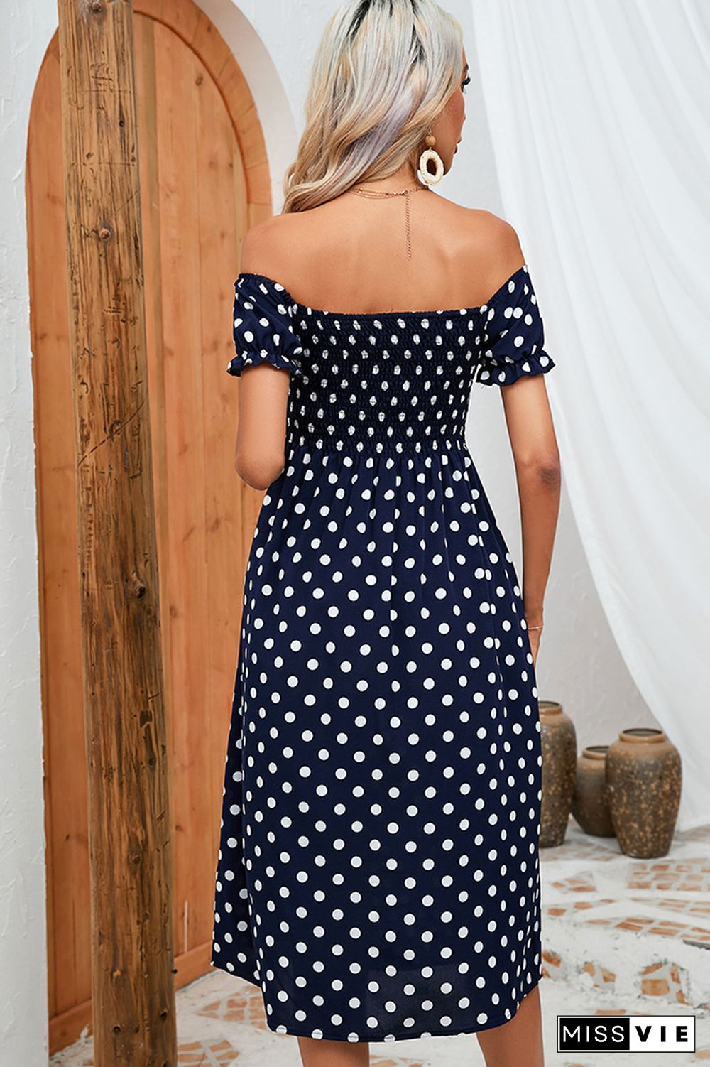 Smocked Off Shoulder Printed Midi Dress