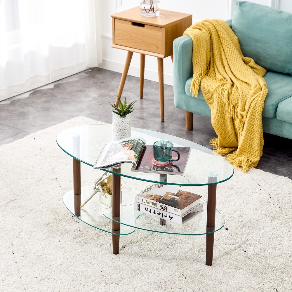 Oval glass coffee table  Transparent coffee table  modern table in living room with Oak wood legs  tea table