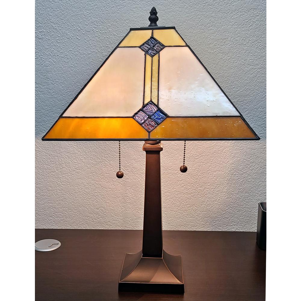 21" Amber Cream and Blue Stained Glass Two Light Mission Style Table Lamp