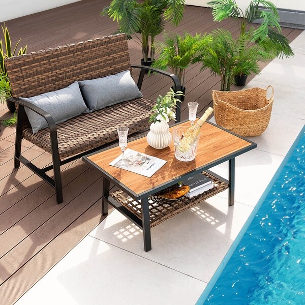 2 Pieces Patio Rattan Coffee Table Set with Shelf