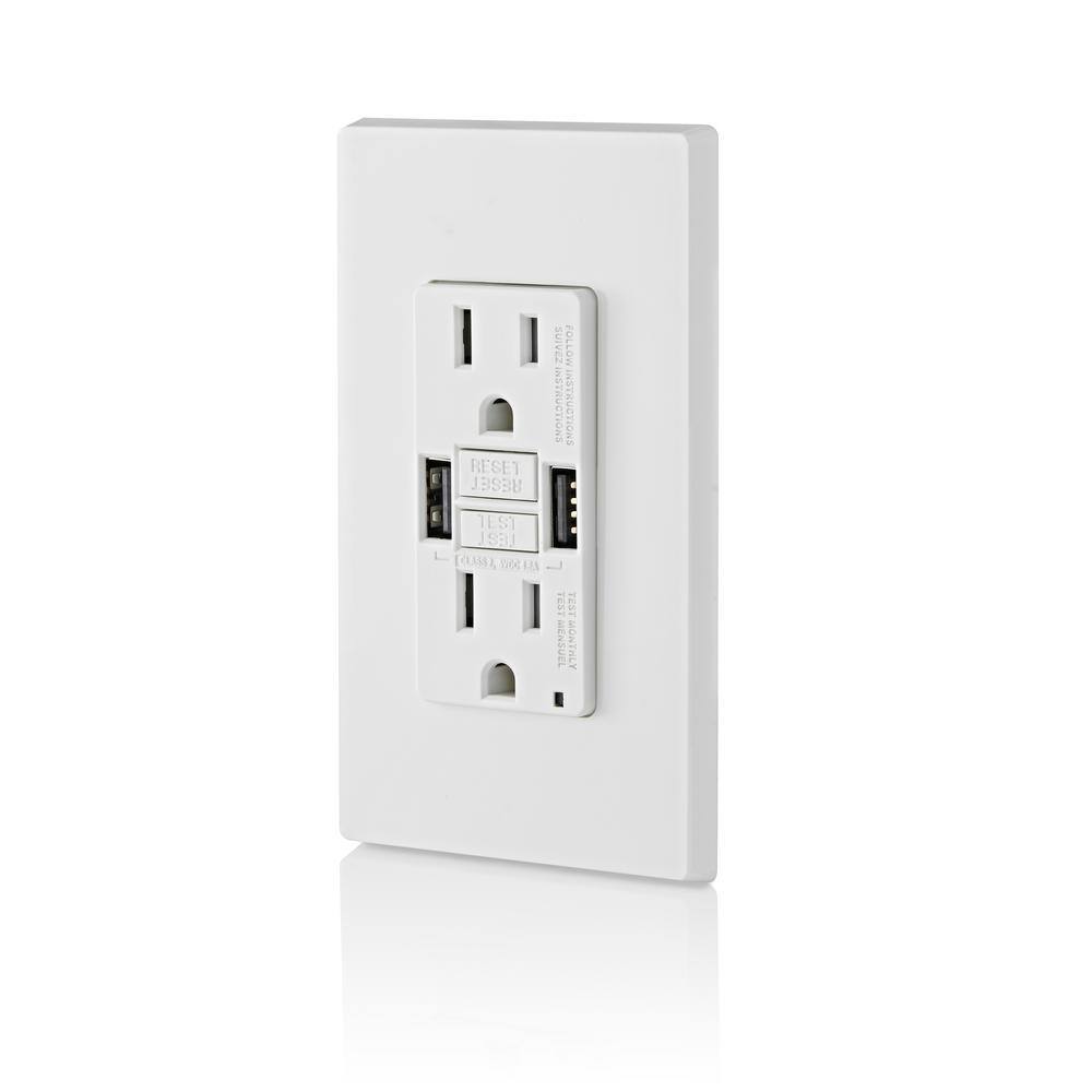 Leviton 15 Amp Smartlock Pro Self-Test GFCI Combination 24-Watt (4.8 Amp) Type A USB In-Wall Charger Duplex Outlet White R02-GUSB1-0BW