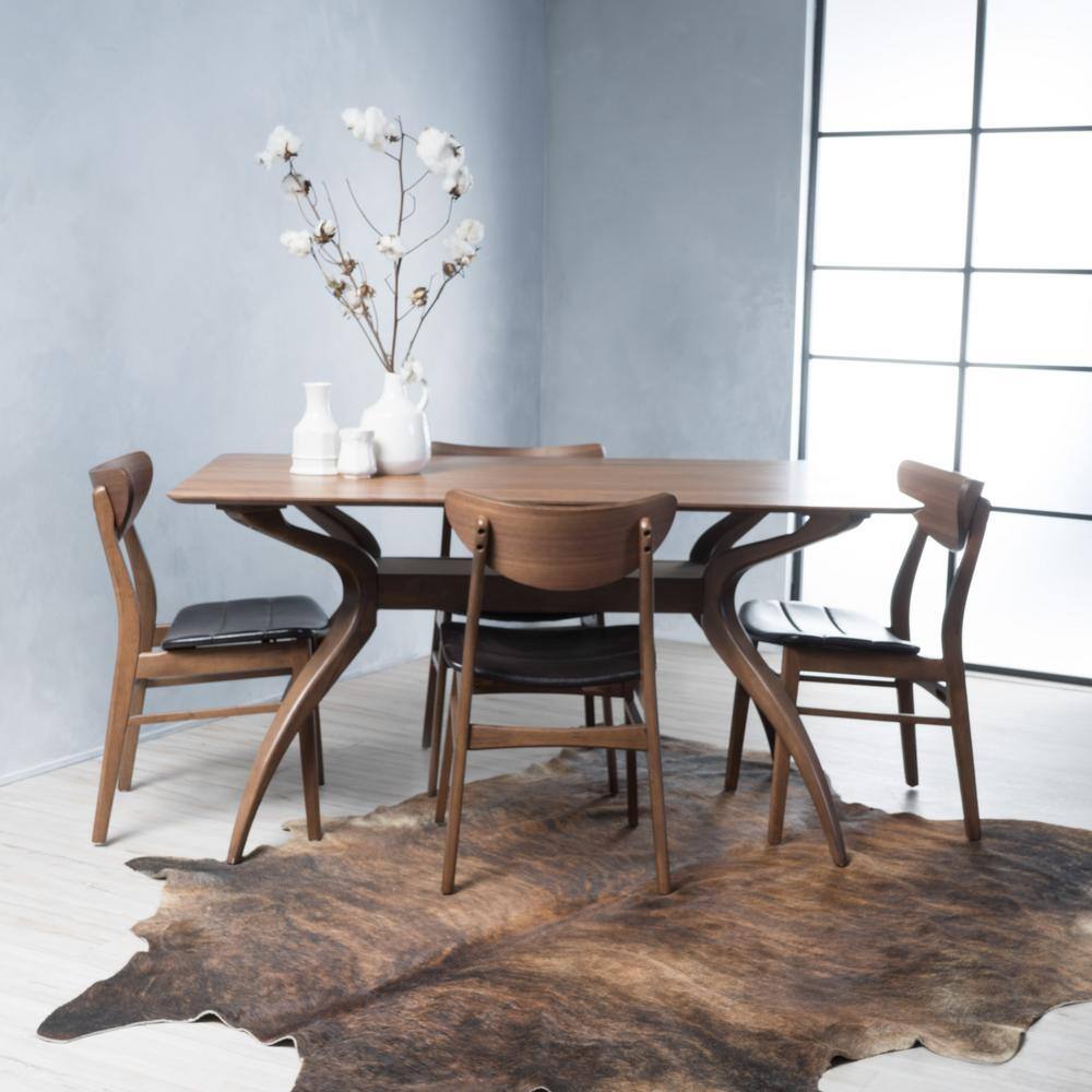 Noble House Anise 5-Piece Dark Brown Leather and Natural Walnut Dining Set 11390