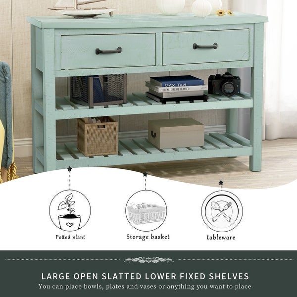 Retro Console Table for Entryway with Drawers and Shelf， Antique Blue