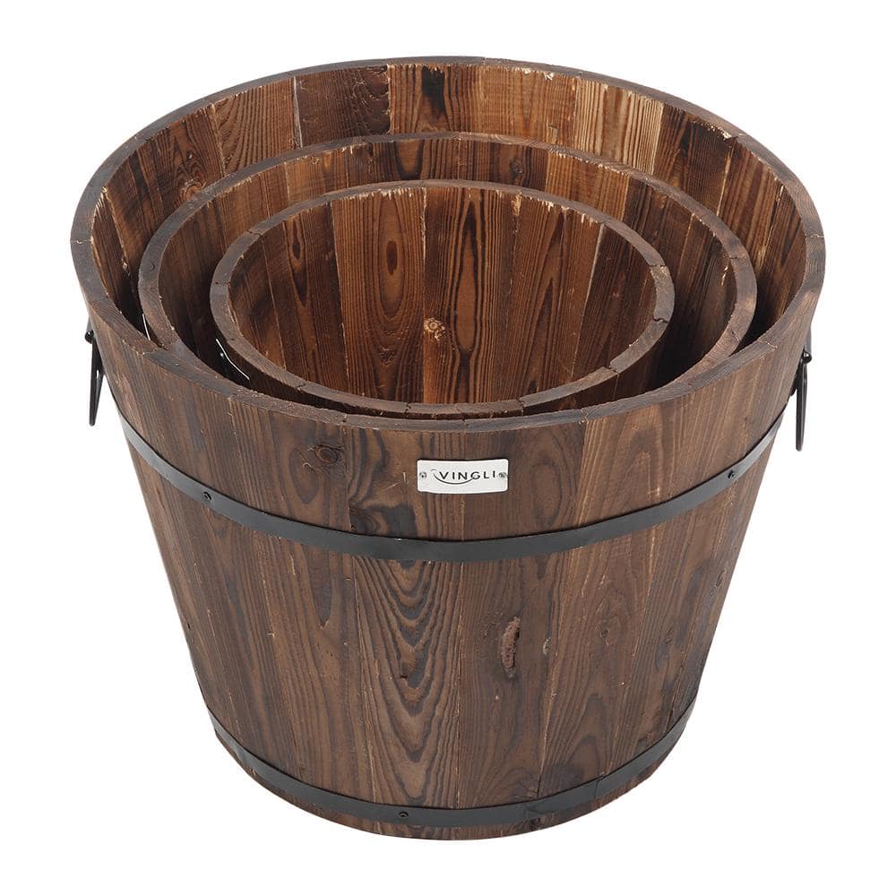 VINGLI Wooden Planter Barrel Set Real Wood Rustic Flower Pot with Drainage Holes (3-Piece) HDG26000841