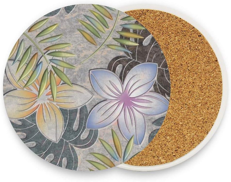 Printed Round Marble With Tropical Flowers Ceramic Coasters With Cork-backed For Coffee Drink Cup Mat Absorbent Stone Coaster Set Of 1/2/4