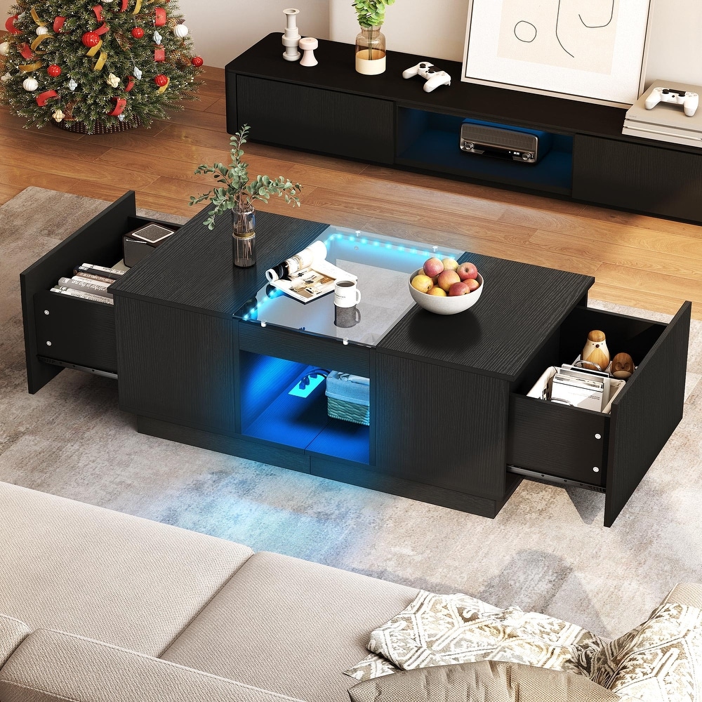 Modern Wood Coffee Table with Storage Drawers and LED Lighting