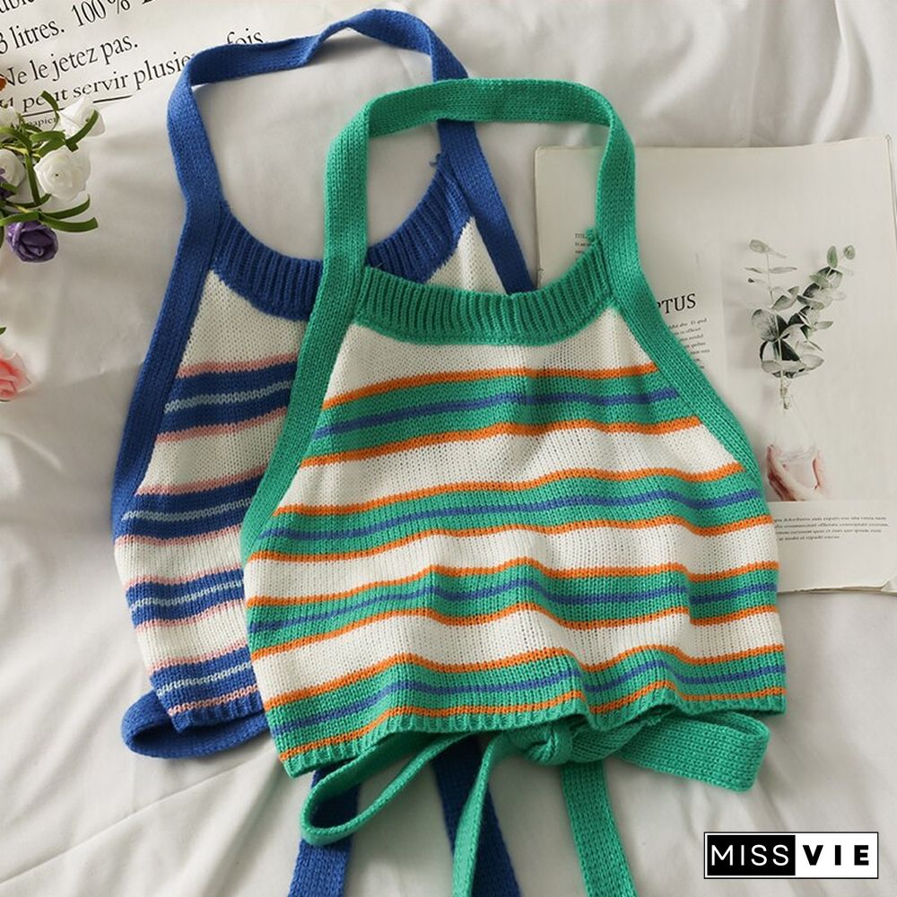 Sexy Halter Knitted Crop Tops Off Shoulder Bow Tie Tank Top Sleeveless Omighty Slim Fit Stripe Patchwork Camis For Women Hot