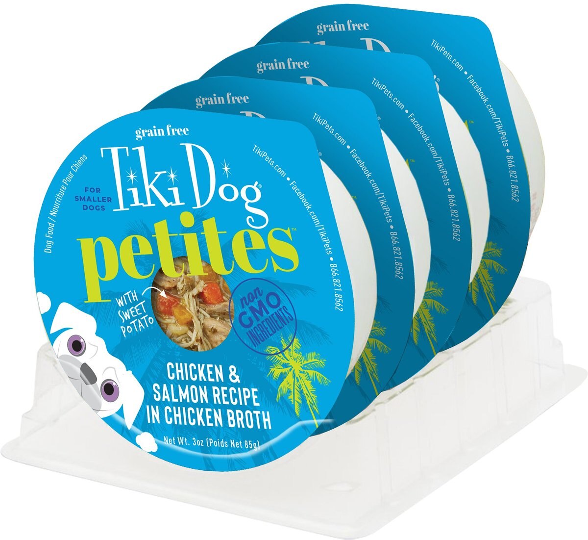 Tiki Dog Aloha Petites Chicken and Salmon Recipe in Chicken Broth Wet Dog Food， 3-oz cup， case of 4