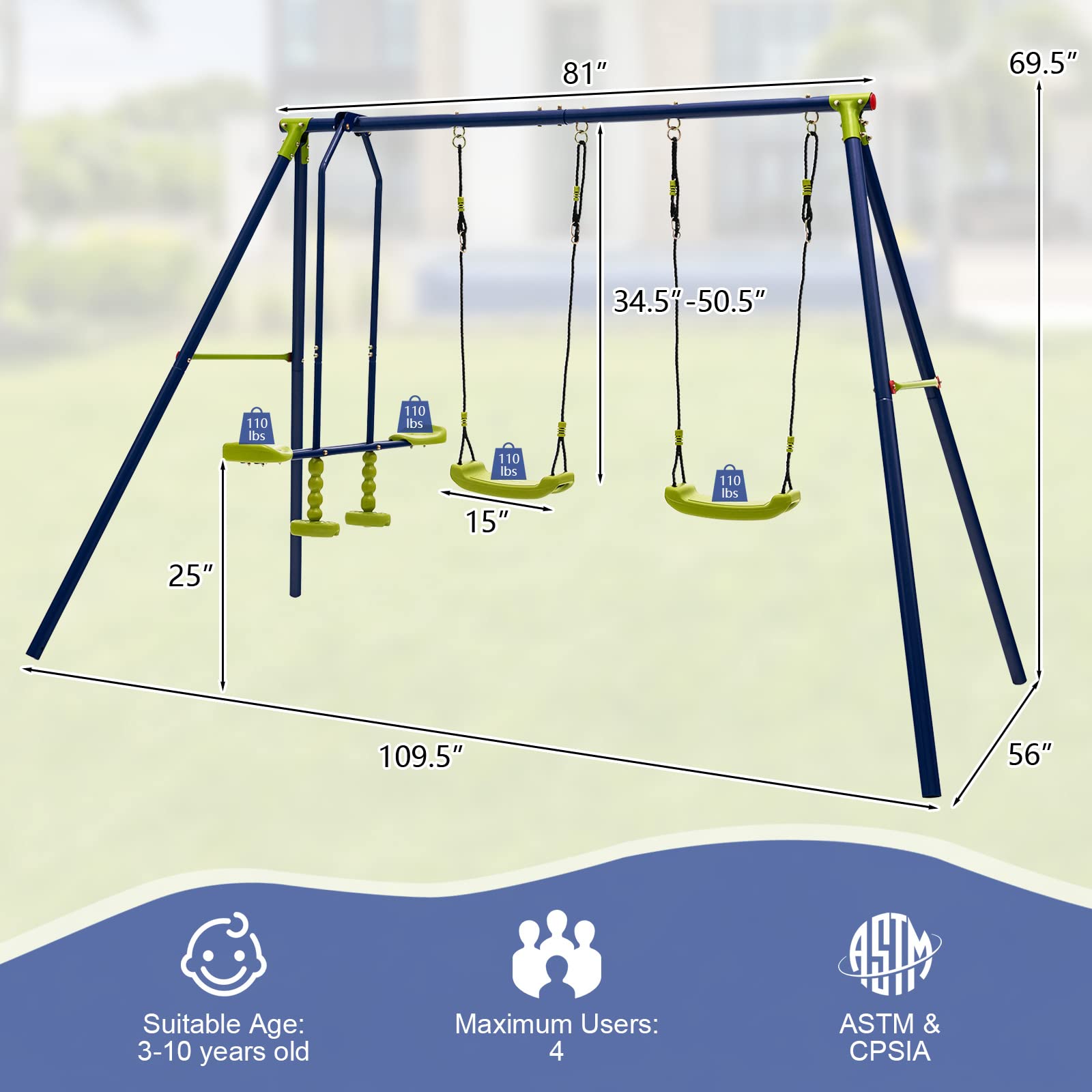 Costzon 440 lbs Swing Set for Backyard, 2-in-1 Heavy Duty Extra Large Metal Swing Frame