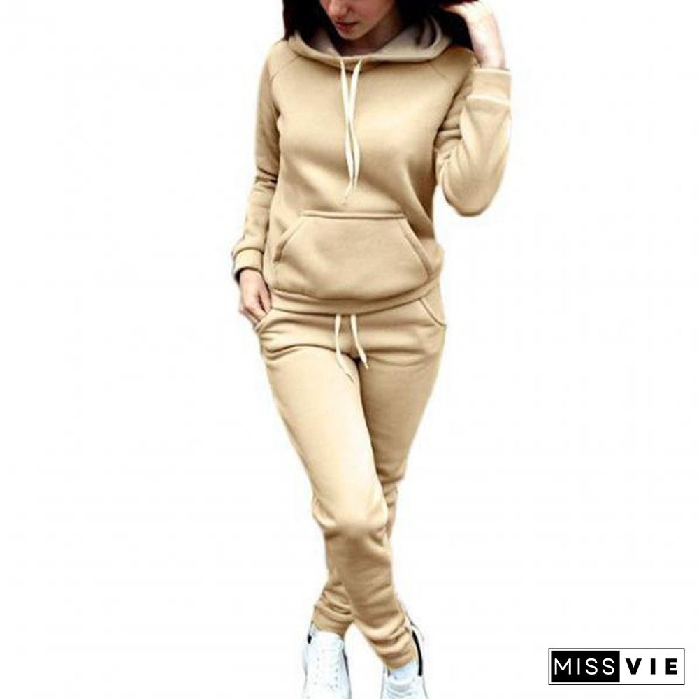 Women Outfit Thick Stylish Two Piece Two Piece Pockets Drawstring Hoodie Pants Set