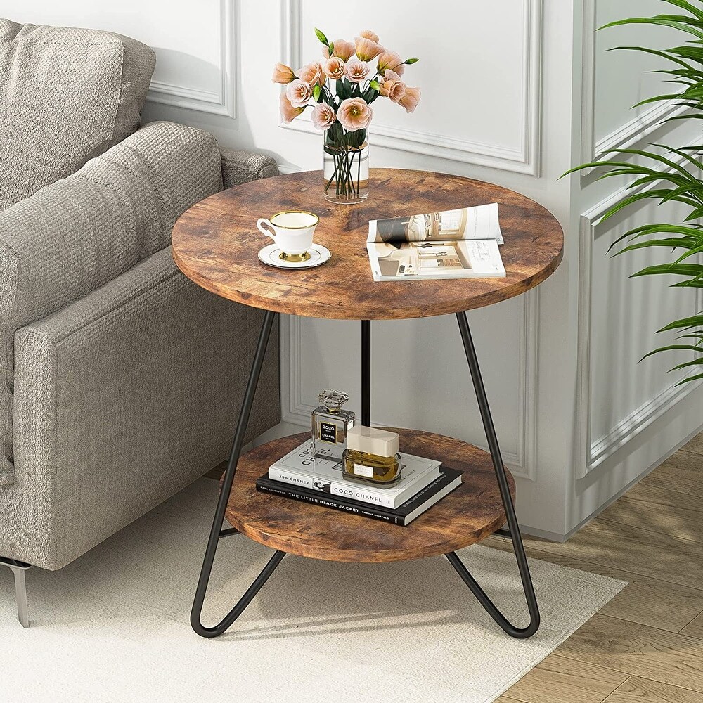 Round End Table  2 Tier Wood Sofa Side Table for Living Room Bedroom