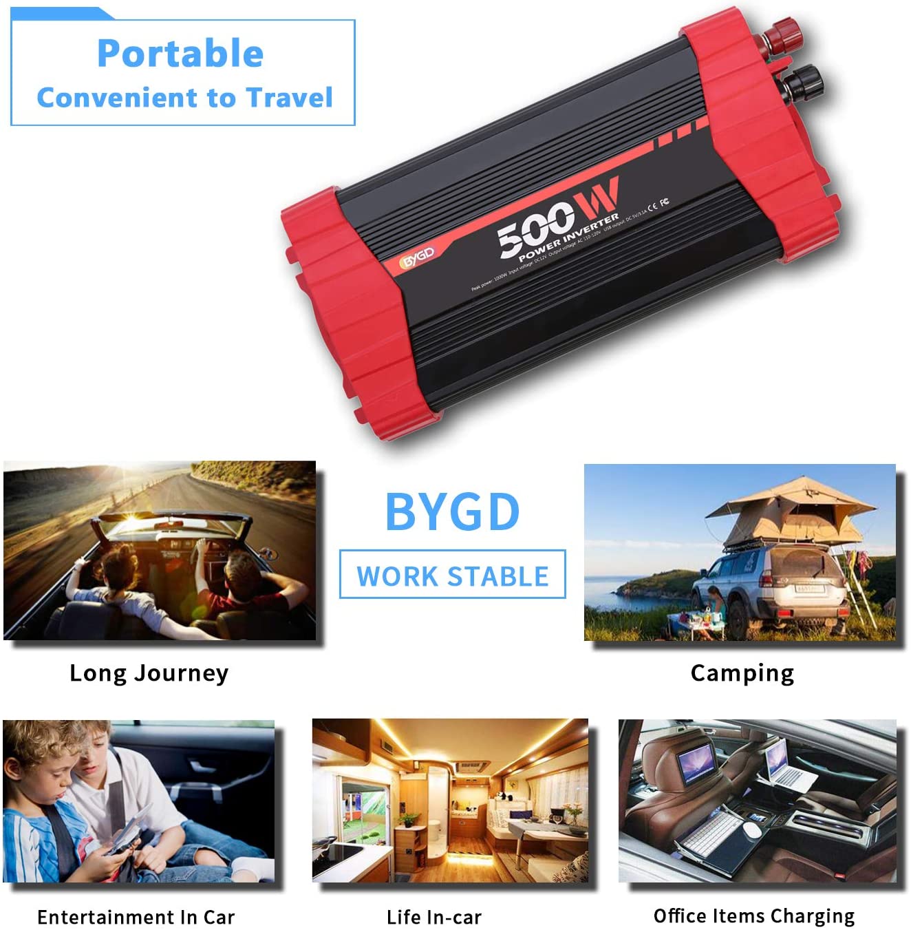 BYGD 500W Car Power Inverter DC 12V to 110V AC Converter Dual Outlets