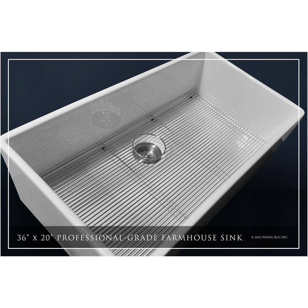 Fossil Blu Luxury White Solid Fireclay 36 in. Single Bowl Farmhouse Apron Kitchen Sink with Stainless Steel Accs and Flat Front WHS1008SS