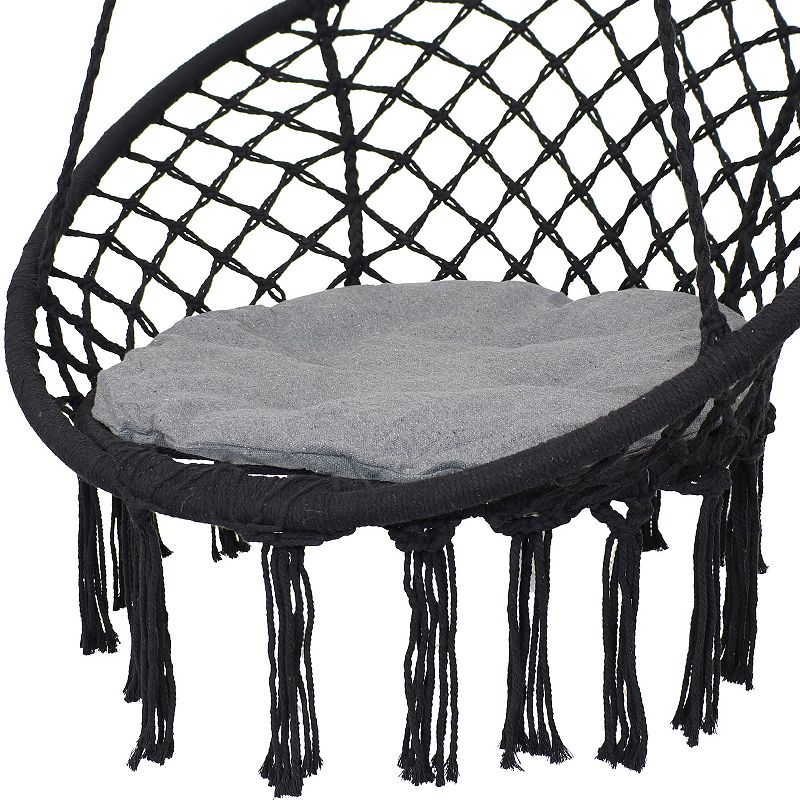 Macrame Hammock Chair with Tassels and Cushion - Black/Gray