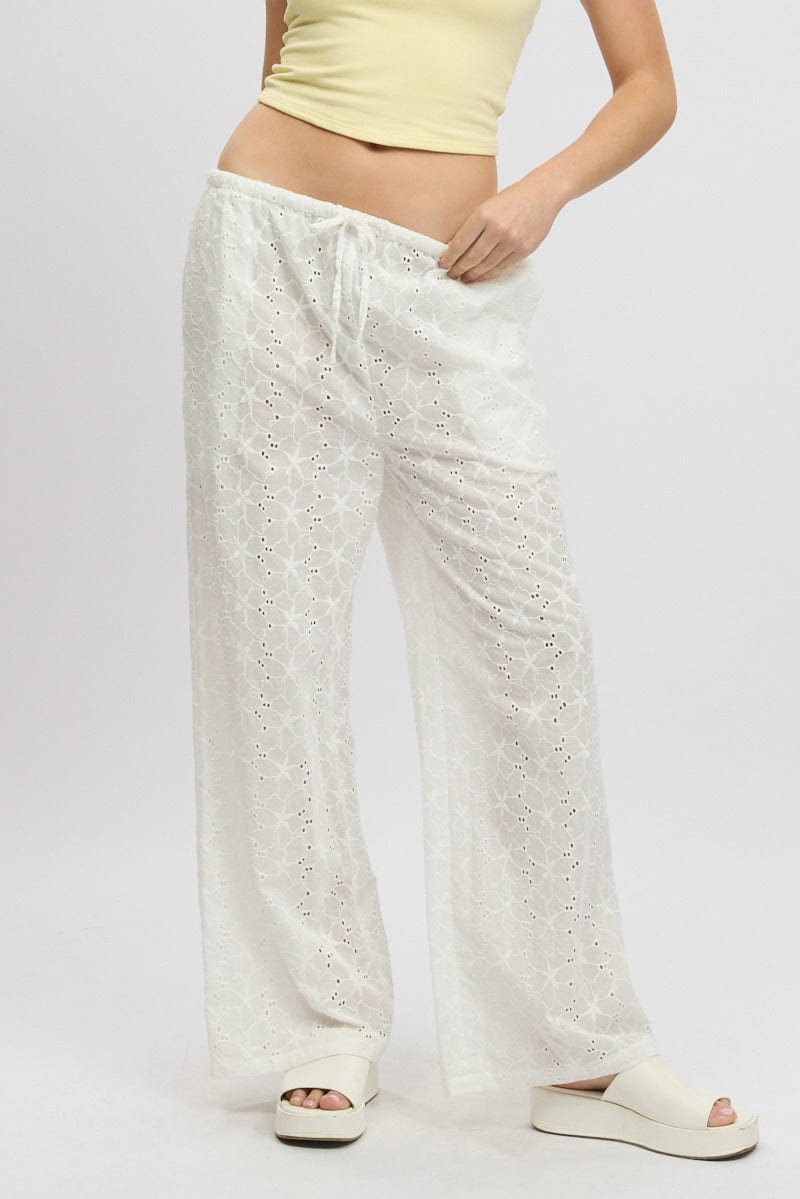 White Wide Leg Pants High Rise Eyelet Fabric