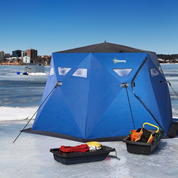 Outsunny 4 Person Insulated Ice Fishing Shelter 360 degree View Pop up Portable Ice Fishing Tent With Carry Bag Two Doors And Anchors Dark Blue