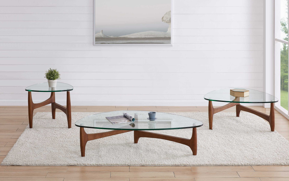 Mod Soft Triangle Clear Glass And Walnut Coffee Table   Midcentury   Coffee Tables   by HomeRoots  Houzz