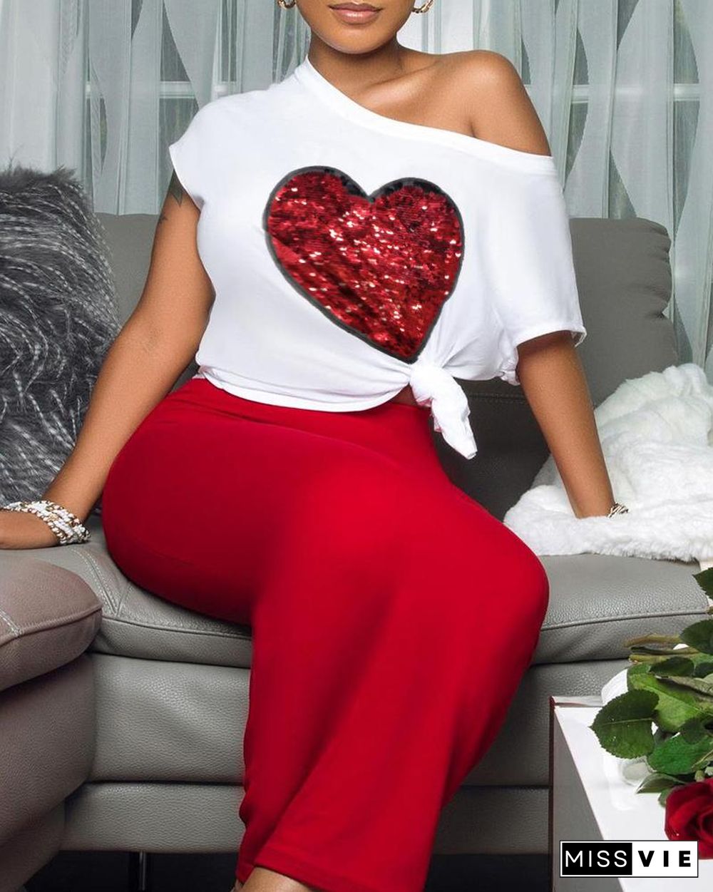 Heart Pattern Sequins T-shirt & Maxi Skirt Set