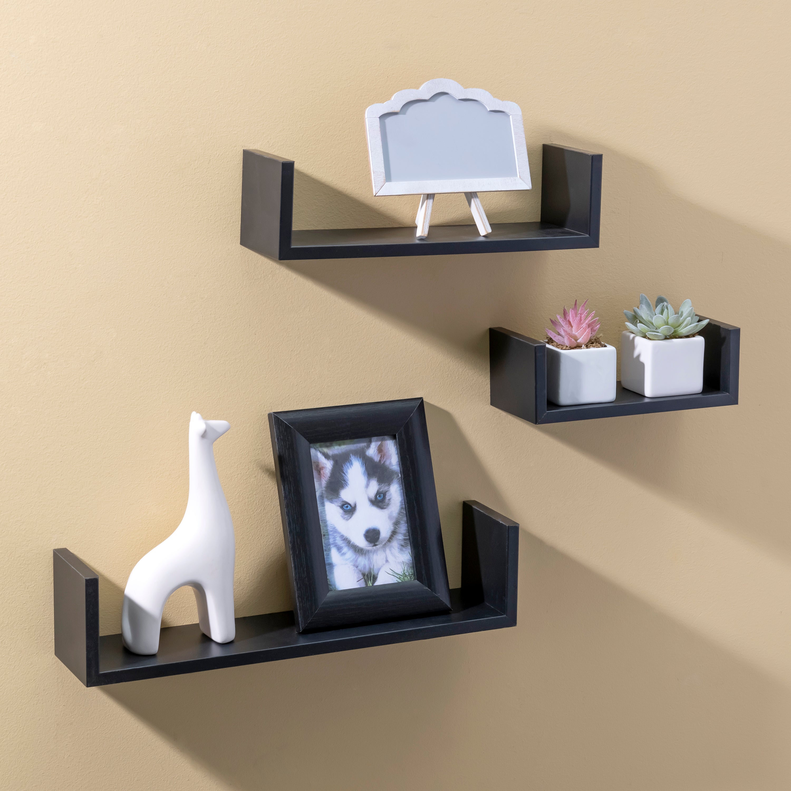 Home Basics Floating Wood Shelf, (Set of 3), Black