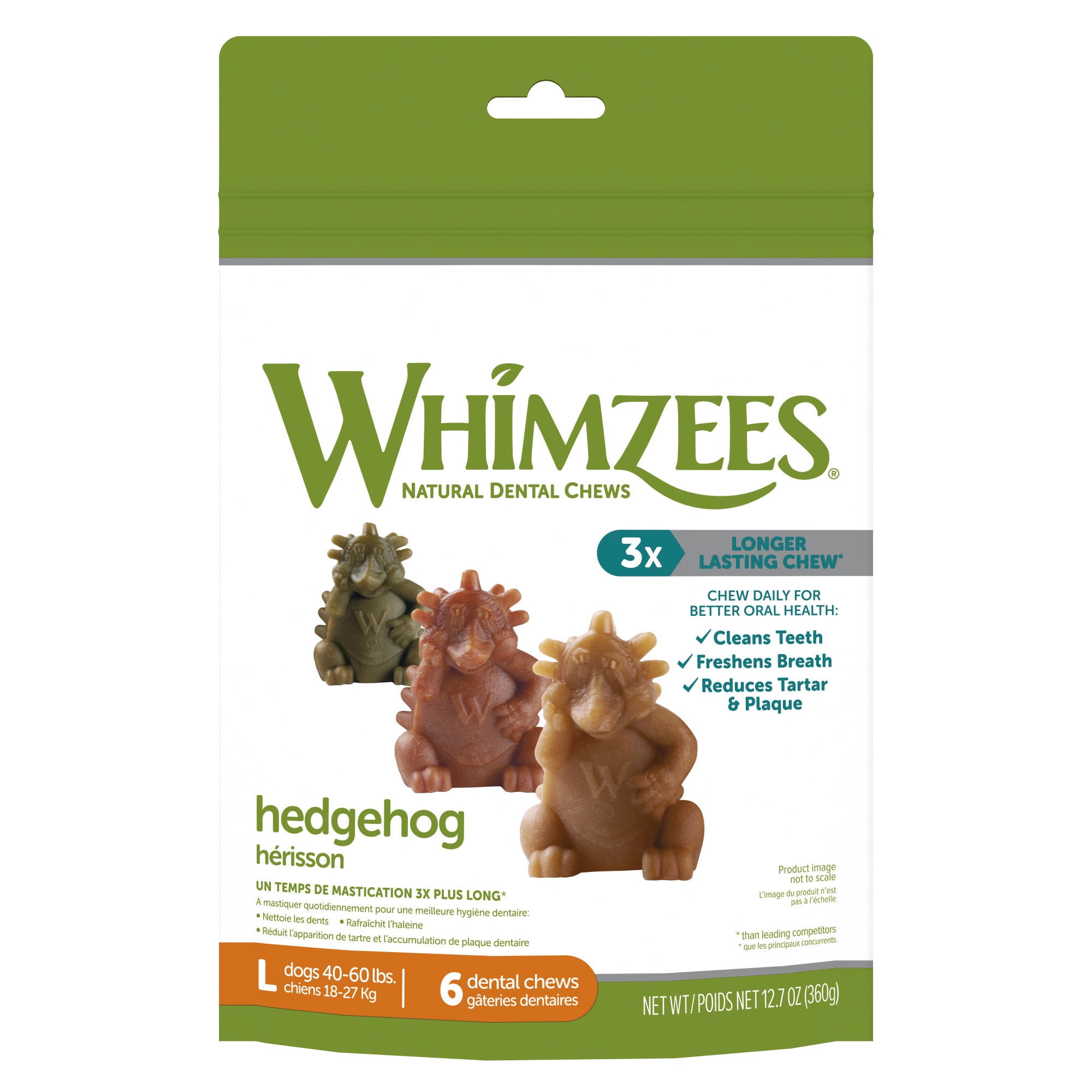 Whimzees Natural Grain Free Daily Dental Long Lasting Hedgehog Large Dog Treats， 12.7 oz.， Pack of 6