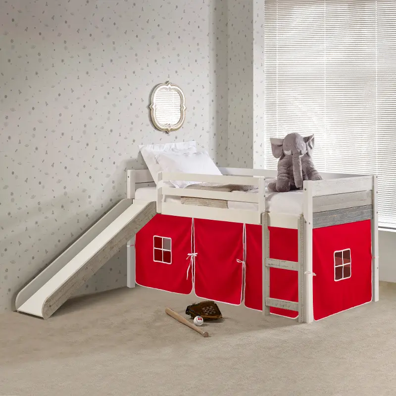 Bristol Twin Gray and White Low Loft Bed With Red Tent