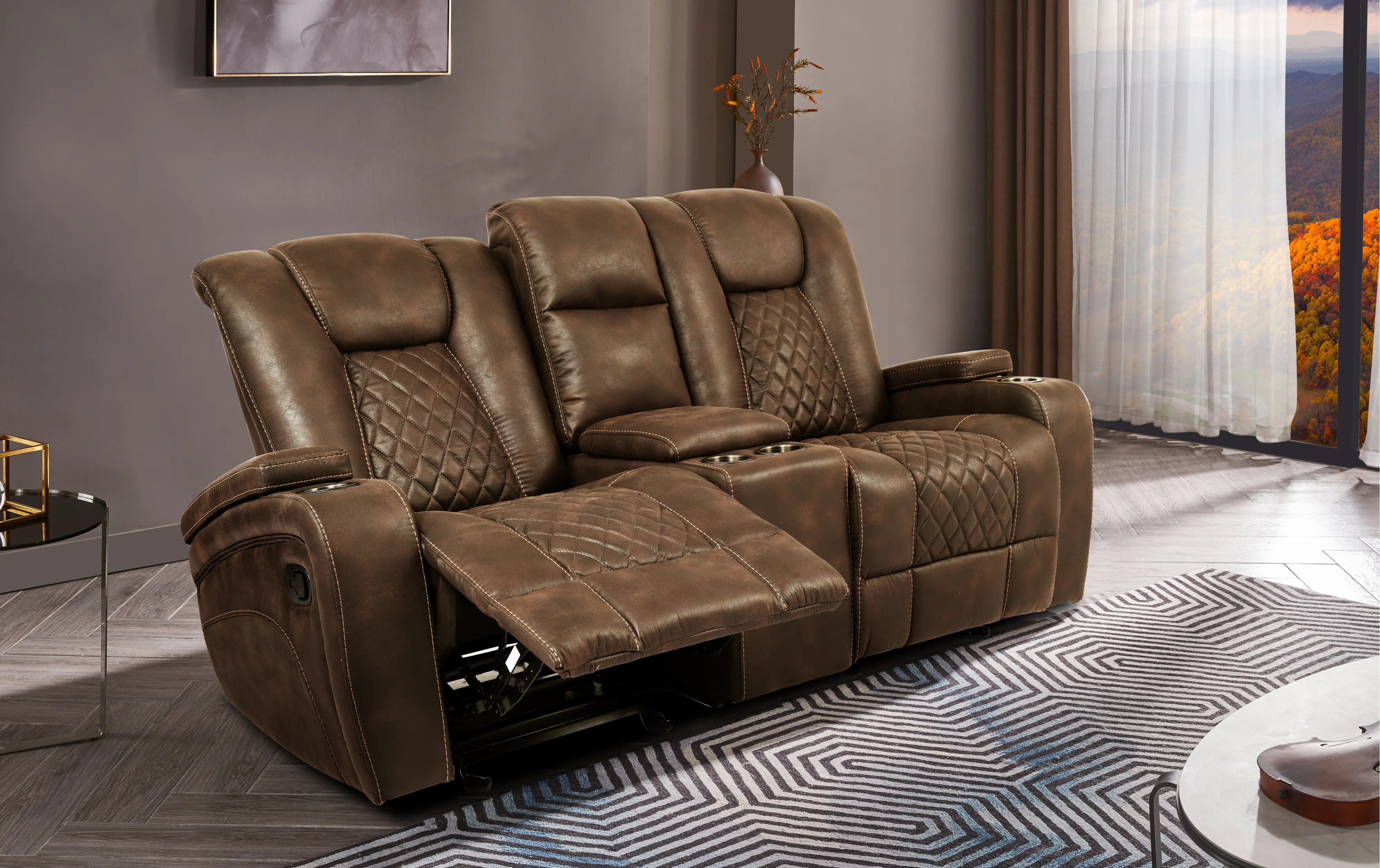 Transformer Dark Brown Gliding Reclining Loveseat with Console