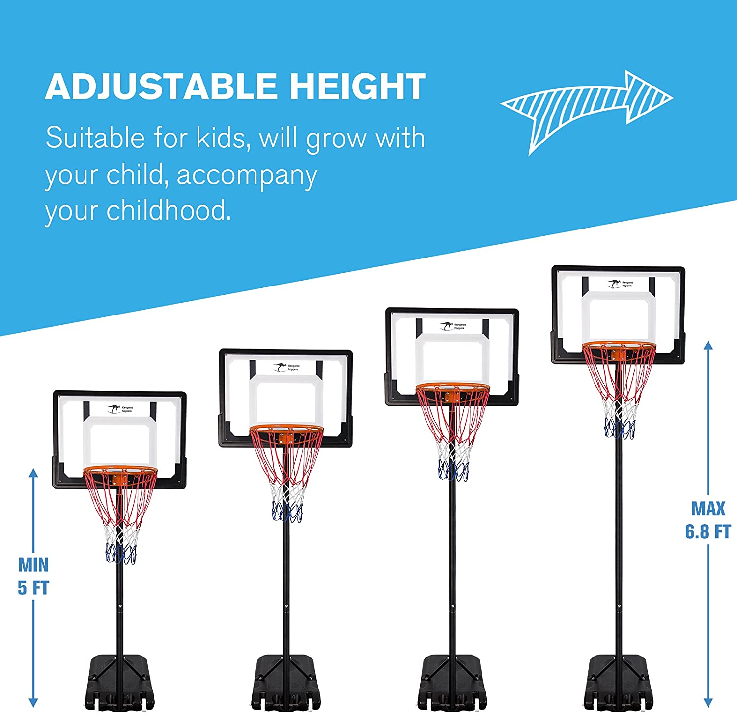 Kangaroo Hoppers 5FT- 6.8FT Height Adjustable Portable Basketball Hoop for Kids， Basketball System with Wheels for Indoor and Outdoor