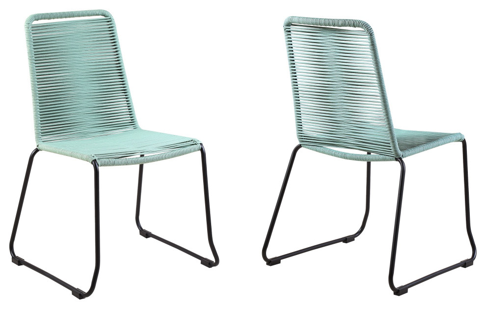 Benzara BM236922 Metal Frame Patio Dining Chair With Fishbone Rope Weaving  Blue   Beach Style   Outdoor Dining Chairs   by Virventures  Houzz