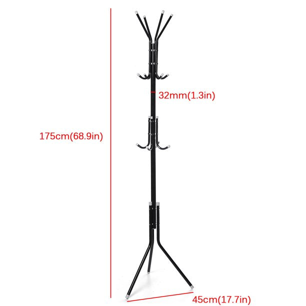 Standing Metal Coat Rack Hat Hanger 12 Hook for Jacket， Purse， Scarf Rack， Umbrella Tree Stand， Black