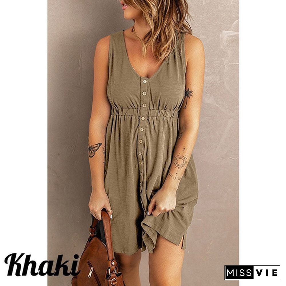 Womens Casual Sleeveless Button Down Elastic Waist Swing Loose Plain Short Dresses Plus Size Tank Tops Dresses