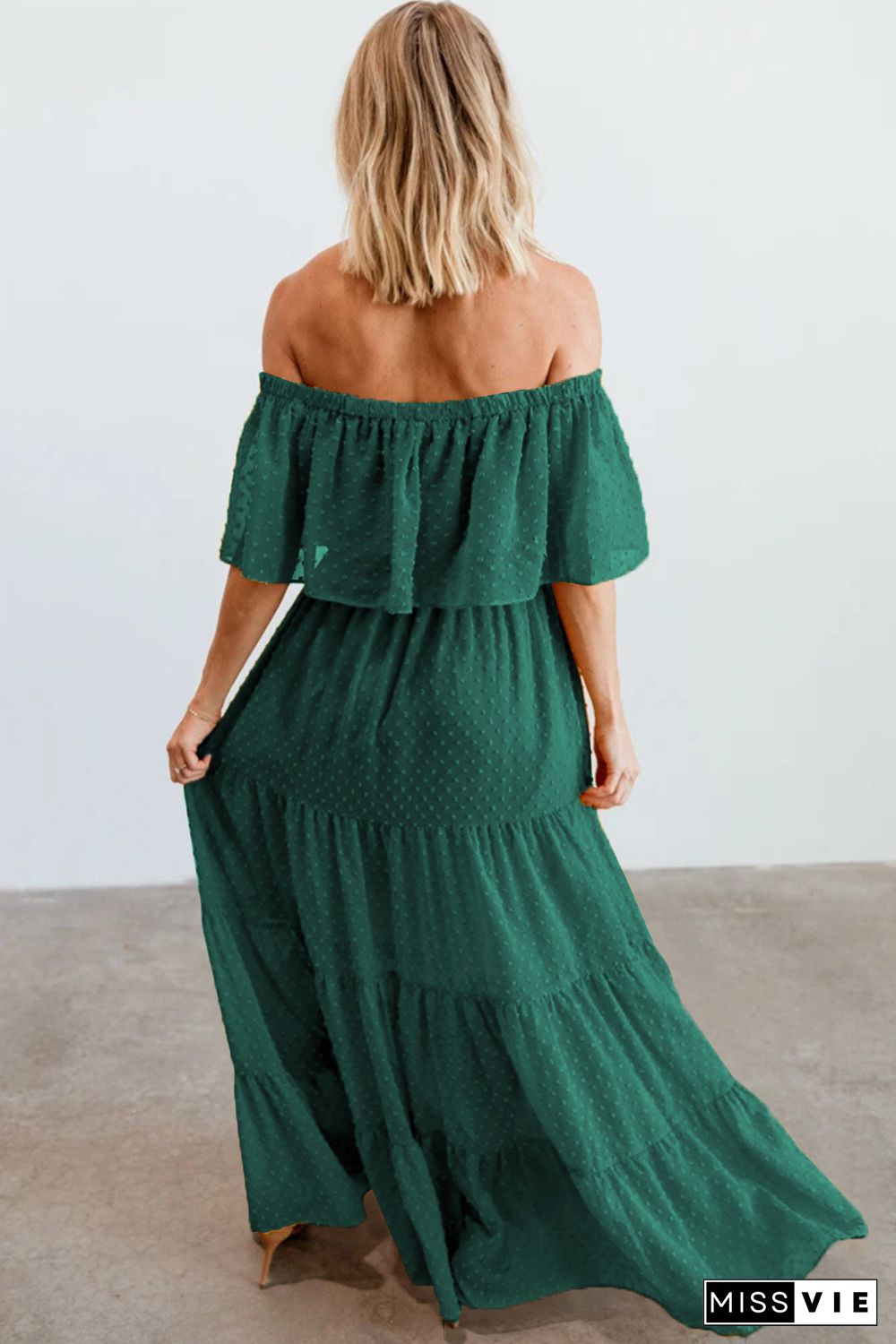 Green Off Shoulder Ruffle Swiss Dot Maxi Dress