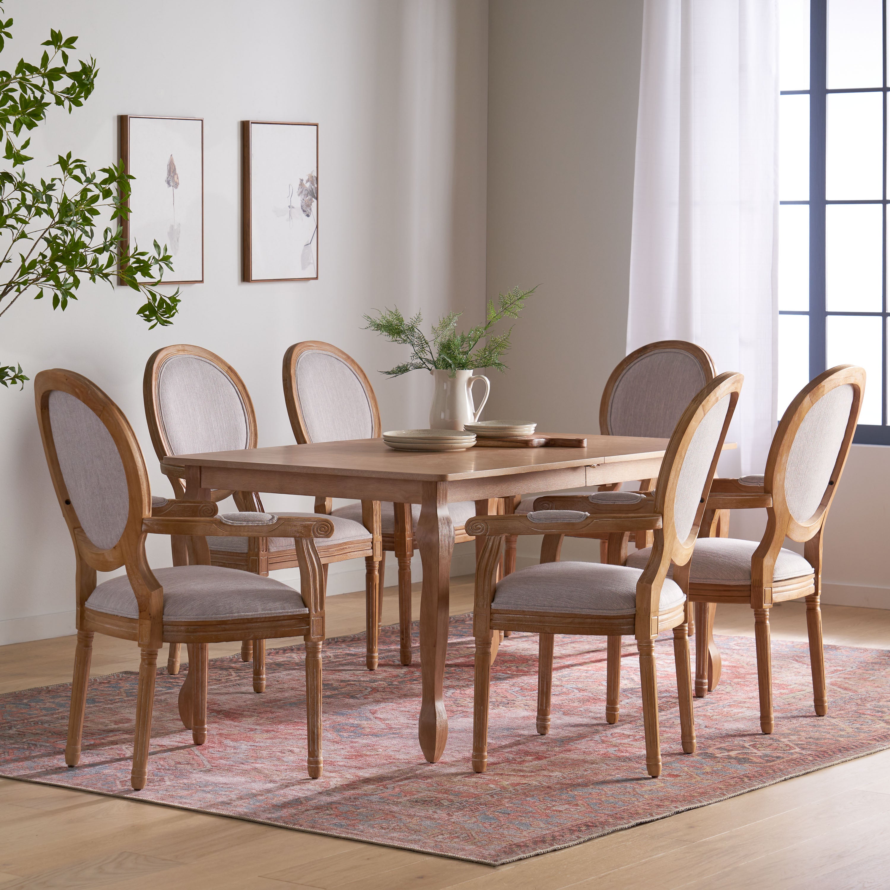 Comisky French Country Fabric Upholstered Wood Expandable 7 Piece Dining Set