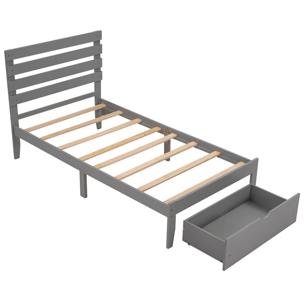 Modern Twin Platform Storage Bed with Footside Drawer  Wood Panel Bed for Small Aprtment Dorm Bedroom