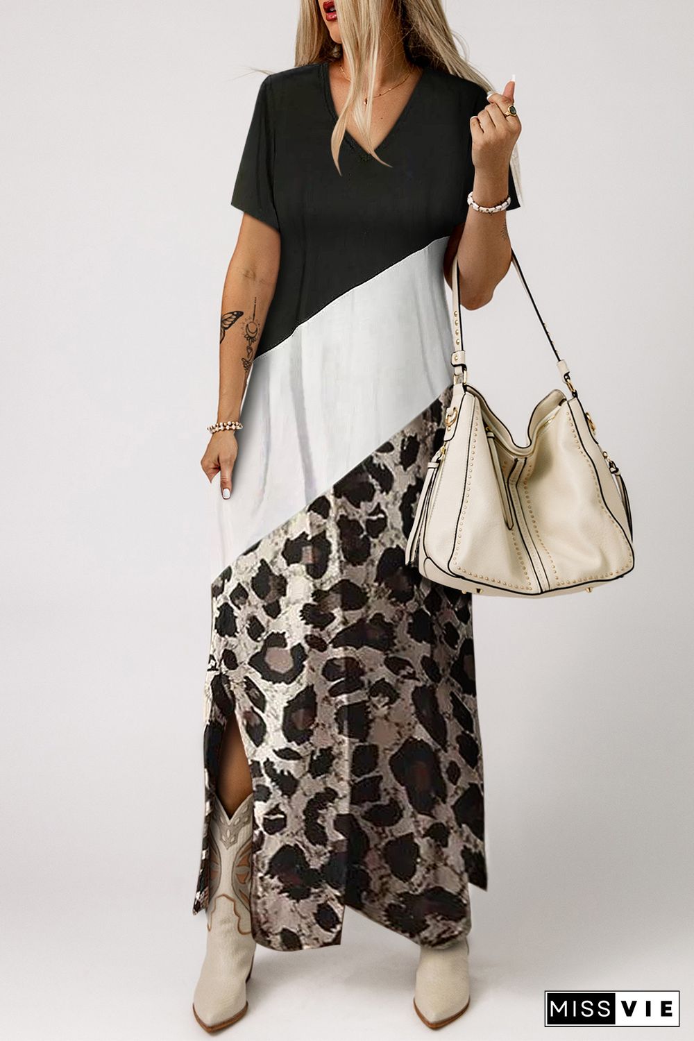 Black Leopard Color Block Side Slit T Shirt Maxi Dress