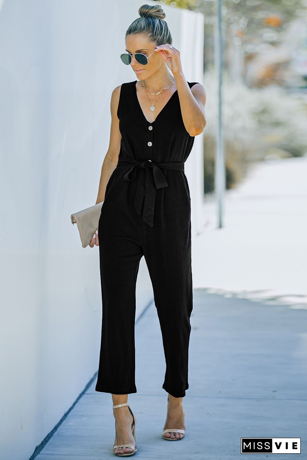 Black V Neck Button Belted Jumpsuit with Pockets