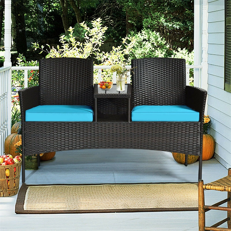 Rattan Outdoor Loveseat Bistro Set with Built-in Coffee Table & Cushions, Wicker Patio Conversation Set