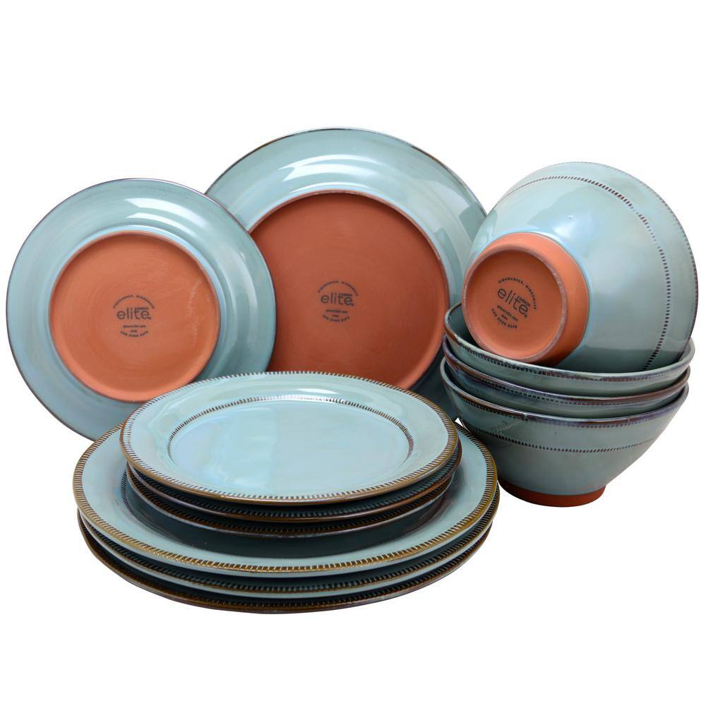 GIBSON elite Terranea 12-Piece CountryCottage Teal Terra Cotta Dinnerware Set (Service for 6) 985104993M