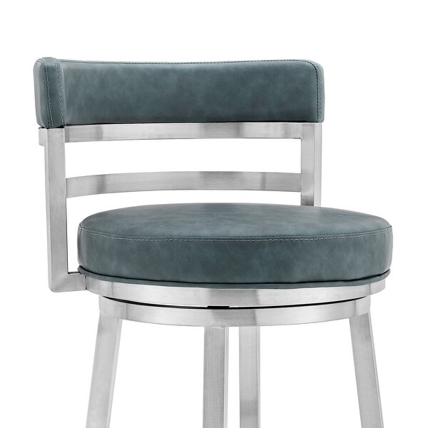 Eva 30 Inch Padded Swivel Bar Stool Chair， Steel Finish， Blue Faux Leather