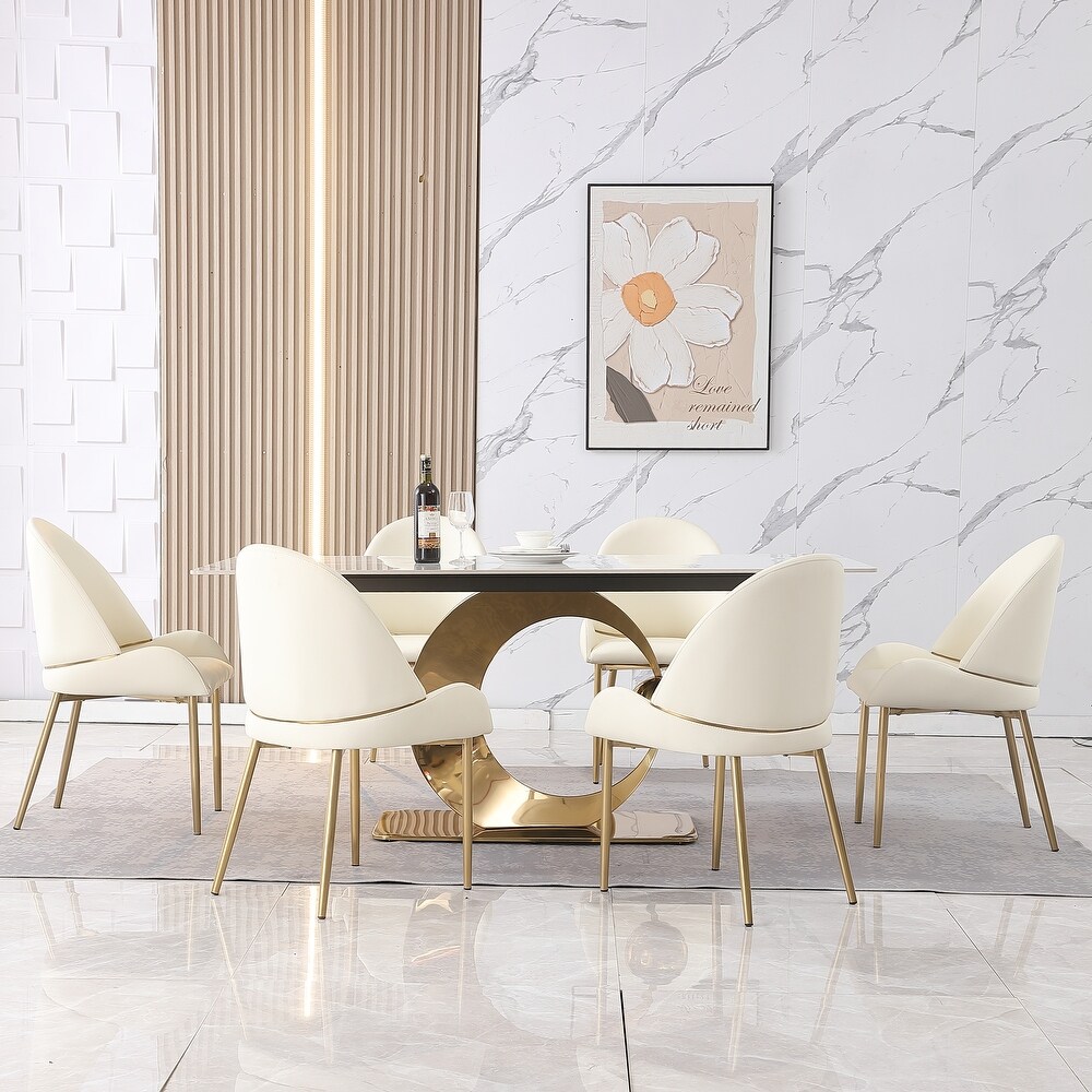 71 Inch Stone DiningTable with Carrara White color and Round special shape stainless steel Gold Pedestal Base