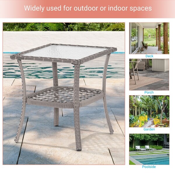 AOOLIMICS Outdoor Brown Square PE Wicker Corrugated Glass Side Table