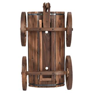 Costway Brown Wood Wagon Flower Outdoor Wood Plant Stand Pot Stand with Wheels OP3045