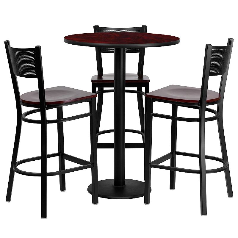 Emma and Oliver 30RD Natural Table Set-3 Grid Back Stools，Black Seat