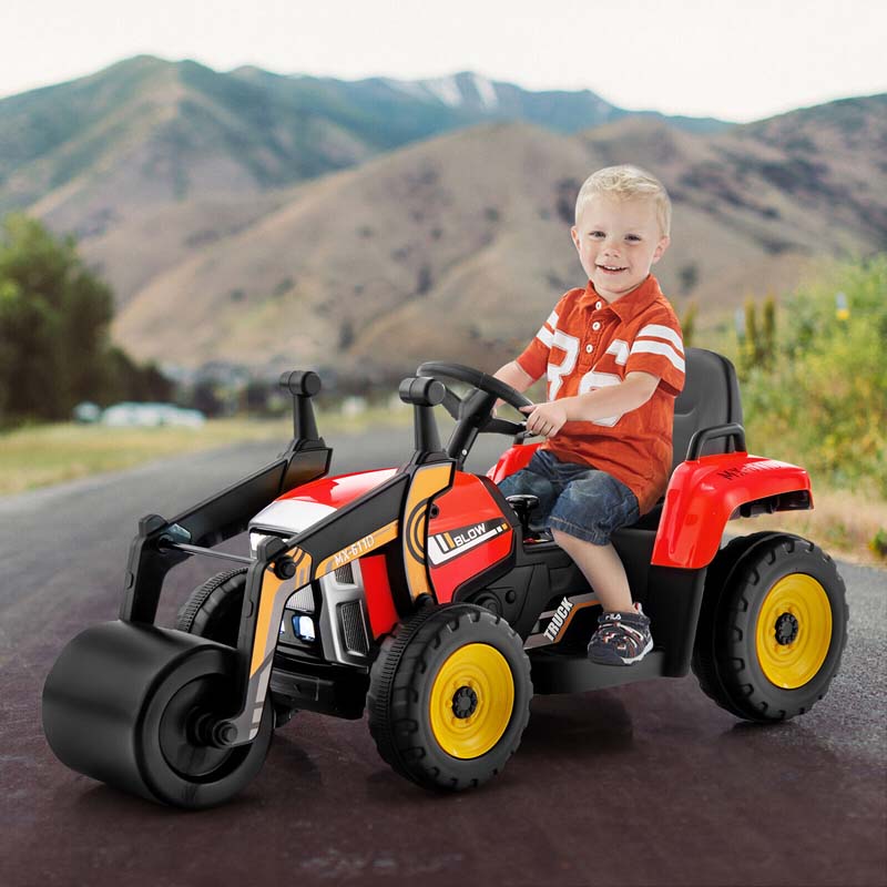 12V Kids Ride On Road Roller with Drum Roller, Battery Powered Electric Tractor RC Construction Vehicle